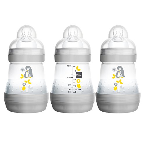 Product Cover MAM Easy Start Anti-Colic Bottle 5 oz (3-Count), Baby Essentials, Slow Flow Bottles with Silicone Nipple, Baby Bottles for Baby Boy or Girl, Gray