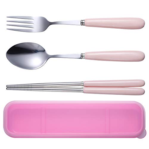 Product Cover Reusable Flatware Set ，Ccinny 3PCS Stainless Steel Ceramics (Fork, Spoon, Chopsticks) Portable Travel Utensil Set for Travel/Camping, Office Lunch With Carry Box (Pink)