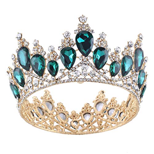 Product Cover Vintage Rhinestones Crystal Crown for Women Wedding Bridal Tiara Flower Crown Hair Accessories (gold-green)
