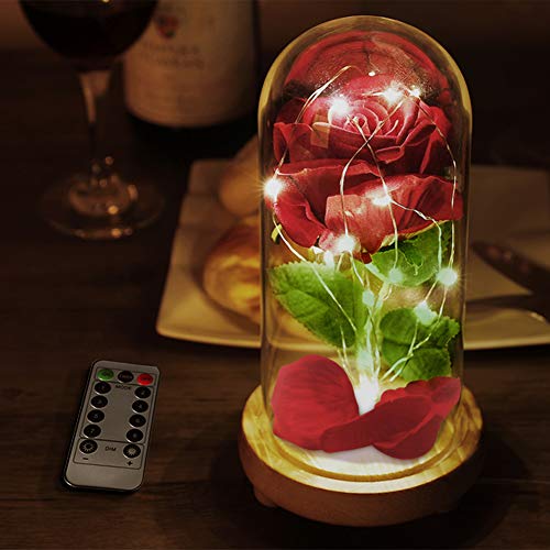 Product Cover DABAOZA Beauty and The Beast Rose, Forever Enchanted Rose Lamp with 8 Modes of LED Light, Red Silk Artificial Roses in Glass Dome for Office/Home Decoration, Gift for Valentine's Day, Mother's Day