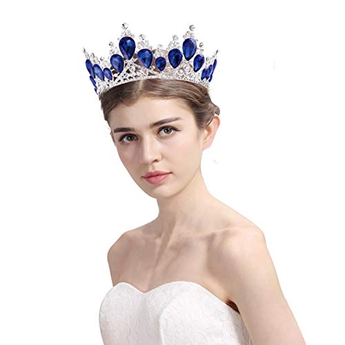 Product Cover Vintage Rhinestones Crystal Crown for Women Wedding Bridal Tiara Flower Crown Hair Accessories (silver-blue)