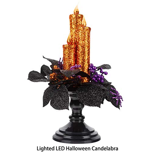Product Cover KI Store Halloween Candelabra with LED Flameless Candles Holder Glittered with Flickering Lights Battery Operated for Halloween Centerpiece Mental Window (Orange Glittered)