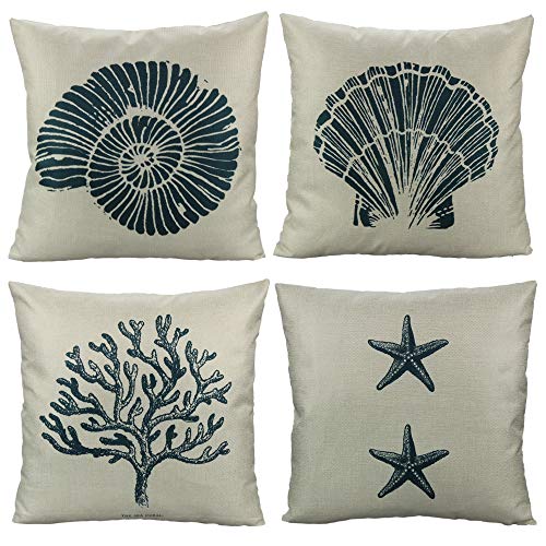 Product Cover VAKADO Coastal Beach Nautical Throw Pillow Covers Ocean Park Shell Conch Starfish Coral Decorative Cushion Cases Outdoor Home Decor for Couch Sofa 18x18 Set of 4