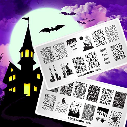 Product Cover Whats Up Nails - Halloween Stamping Plates 2 pack (B031, B036) Stamping Plates for Nail Art Design
