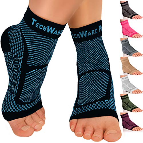 Product Cover TechWare Pro Ankle Brace Compression Sleeve - Relieves Achilles Tendonitis, Joint Pain. Plantar Fasciitis Foot Sock with Arch Support Reduces Swelling & Heel Spur Pain. (Black/Blue, L/XL)