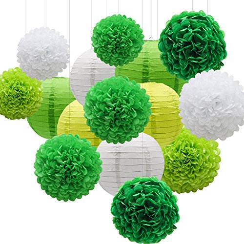 Product Cover KAXIXI Hanging Party Decorations Set, 15pcs Green White Paper Flowers Pom Poms Balls and Paper Lanterns for St. Patrick's Day Birthday Bridal Baby Shower Graduation