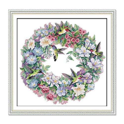 Product Cover Printed Cross Stitch Kits 11CT 26X25 inch 100% Cotton Holiday Gift DIY Embroidery Starter Kits Easy Patterns Embroidery for Girls Crafts DMC Stamped Supplies Needlework Art of Hummingbirds