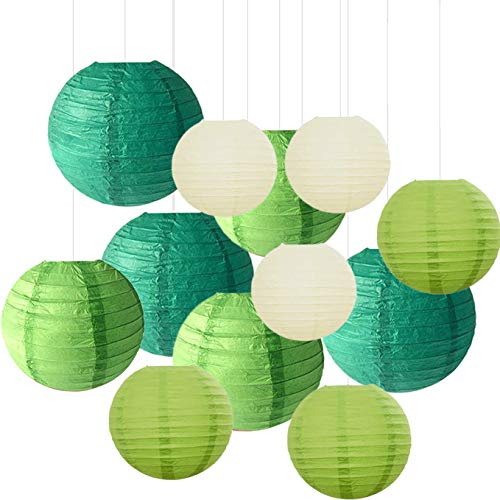 Product Cover 12PCS Paper Lanterns with Assorted Colors and Sizes Paper Lanterns Decorative,Chinese/Japanese Paper Hanging Decorations Ball Lanterns Lamps for Home Decor, Parties, and Weddings (Green)