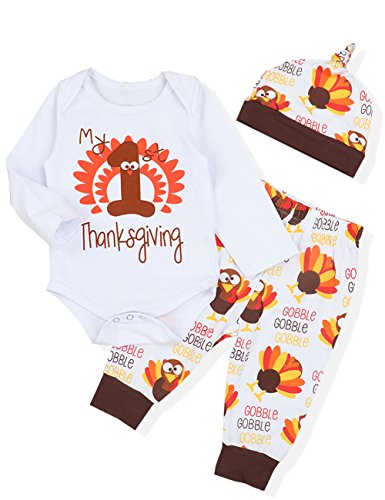Product Cover 3PCs My First Thanksgiving Outfits Newborn Baby Boy Girl Clothes Thanksgiving Romper,Turkey Pants + Hat Onesies Set