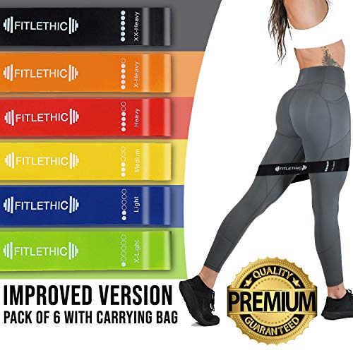 Product Cover Fitlethic Resistance Stretch Exercise Bands Set of 6 [Improved Edition], Premium Latex Loop Bands For Men Women - Home Fitness Workout, Gymming, Stretching, Glutes, Strength Training, Physical Therapy, Yoga and More [Pack of 6 with Mesh Car