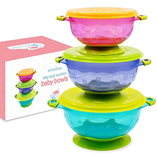 Product Cover Baby Bowls with Suction - Suction Bowl for Toddlers, Set of 3 Stackable Feeding Bowls with Lids