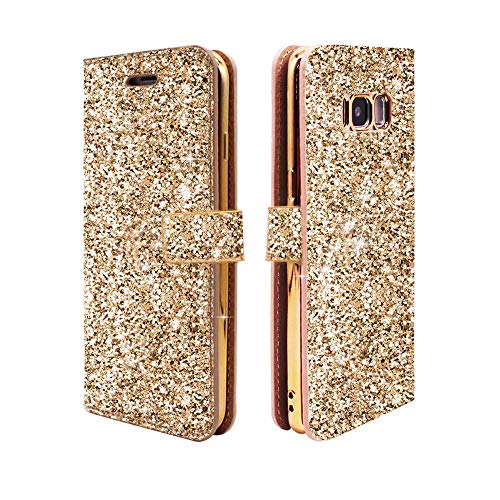 Product Cover Galaxy S8 Wallet Case for Women, ClarksZone PU Leather Flip Glitter Case with Card Slots + Kickstand Shockproof Protective Cover Compatible with Samsung Galaxy S8 5.8''- Gold Bling
