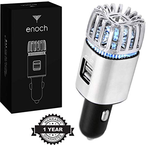 Product Cover Enoch Car Air Purifier with USB Car Charger 2-Port. Car Air Freshener Eliminate Odor, Dust, Pollen, Bacteria, Removes Cigarette Smoke, Pet and Food Odor, Ionic Ozone, Relieve Allergy. Color-Silver