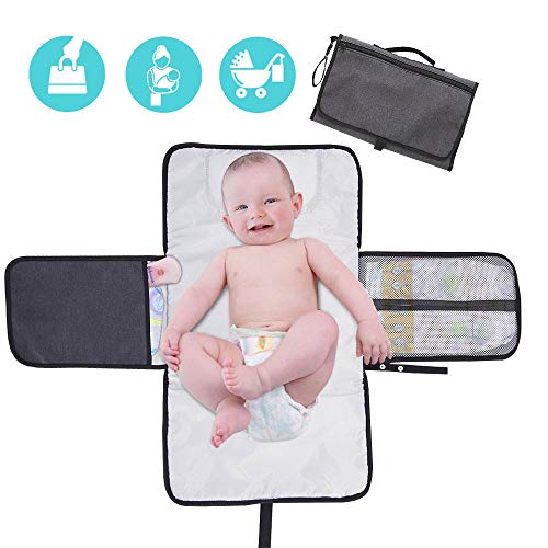 Product Cover Portable Diaper Changing Pad, 2018 Upgrade Waterproof Foldable Changing Mat with Head Cushion and Pockets Baby Infants Changing Station for Travel and Outside by Homegician (Grey) (Grey)
