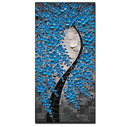 Product Cover Azure Art-3D Oil Paintings on Canvas Vertical Art Abstract Tree Paintings Blue Landscape Wall Art Wood Framed Art Canvas Large Artwork for Wall Decor Ready to Hang Wall Pictures for Hallway(24x48inch)