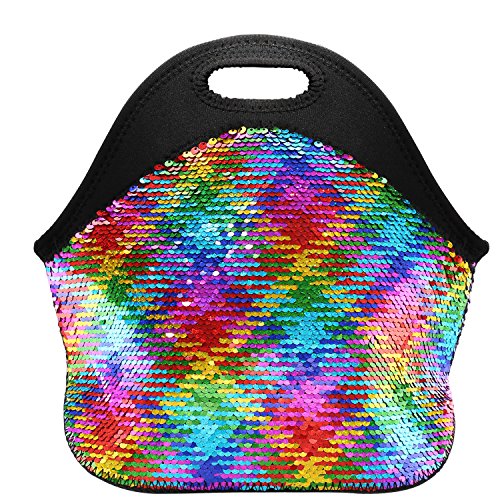 Product Cover Neoprene Lunch Bags for Women and Girl Reversible Sequins Insulated Lunch Tote Bag with Zipper - FUNLAVIE