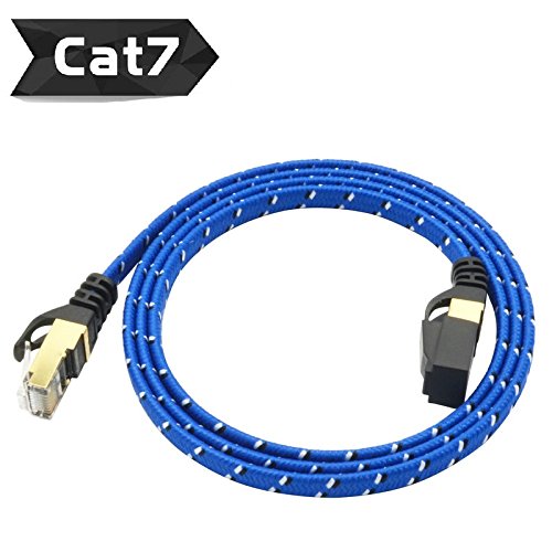 Product Cover 3 Meters Blue CAT7 10 Gigabit Ethernet Ultra Flat Patch Cable with Gold Plated & Shielded RJ45 Connectors and Nylon Braided Jacket for Modem Router LAN Network