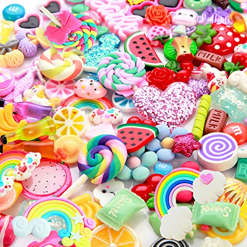 Product Cover Slime Charms Cute Set - 100pcs Charms for Slime Assorted Fruits Candy Sweets Flatback Resin Cabochons for Craft Making, Ornament Scrapbooking DIY Crafts