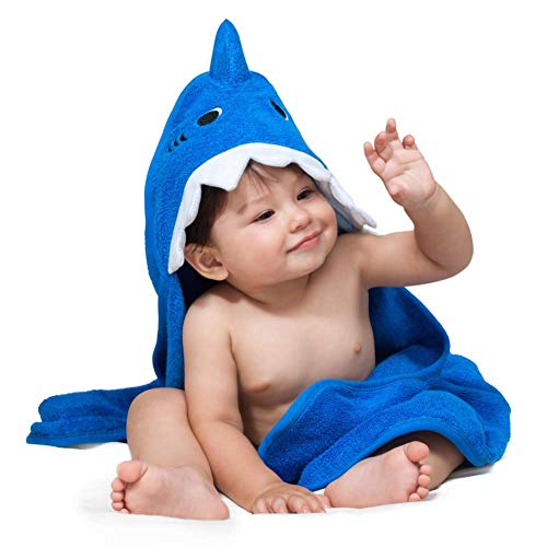 Product Cover ComfyTots Shark Hooded Baby Towel: 100% Organic Bamboo Animal Ear Hood Bath Towel for Baby Boys & Girls|Ultra Soft, Extra Absorbent, Antibacterial Bath Towel for Babies & Toddlers|Top Baby Shower Gift
