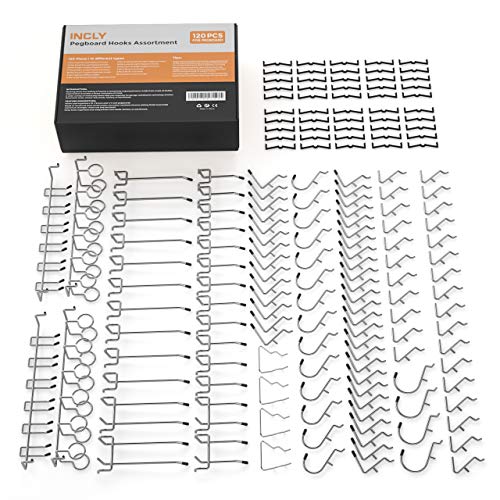 Product Cover Incly 120 PCS Peg Board Hooks Set Pegboard Hook Assortment Garage Organizer Bins Hanging Pegboard Accessories