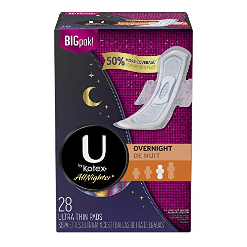 Product Cover U by Kotex AllNighter Ultra Thin Overnight Pads with Wings, Fragrance-Free, 3 Packs of 28 (84 Total)