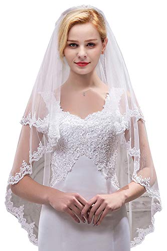 Product Cover Women's Bridal Tulle Veils with Comb Lace Edge Wedding Veils for Bride,White
