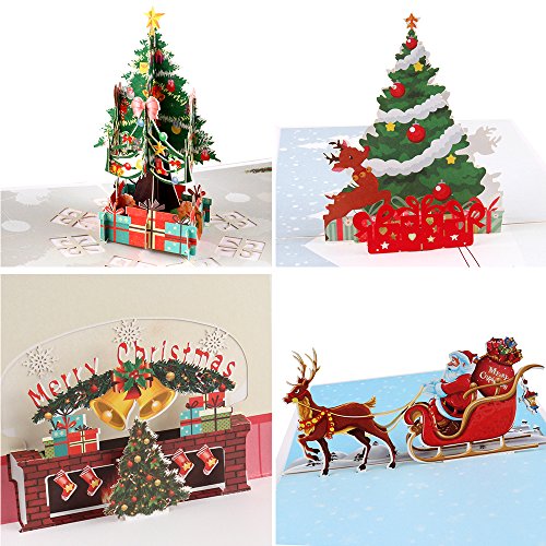 Product Cover Coogam 3D Pop Up Christmas Cards, 4 Pack Blank Greeting Holiday Cards with Envelope Stickers New Year Handmade Gifts Xmas Galloping Reindeer Santa Bells Tree