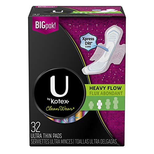 Product Cover U by Kotex CleanWear Ultra Thin Pads with Wings, Heavy Flow, Fragrance-Free, 3 Packs of 32 Count