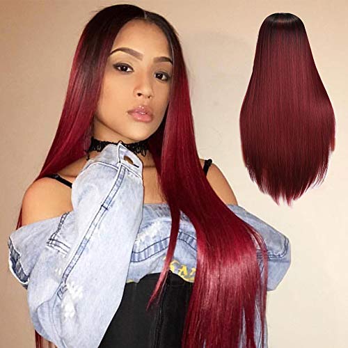 Product Cover MISSQUEEN Ombre Color Cosplay Wigs Wine Red Long Straight Wig Synthetic Heat Resistant Straight Wigs for Women