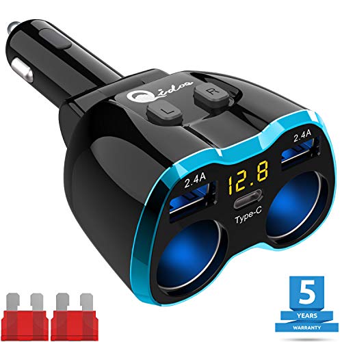 Product Cover USB C Car Charger, Cigarette Lighter Splitter Adapter 2 Socket Type C Multi Power Outlet 12V/24V 80W DC with LED Voltmeter Switch 5.8A Dual USB Port for Mobile Cell Phone GPS Dash Cam