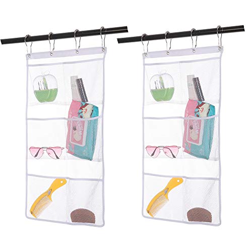 Product Cover 2 Pack Hanging Mesh Shower Caddy Organizer with 6 Pockets, Shower Curtain Rod/Liner Hooks Bathroom Wall Door Organization, Dorm Space Saving, Bathroom Accessories, Bath Toy Organizer Kids with 4 Rings