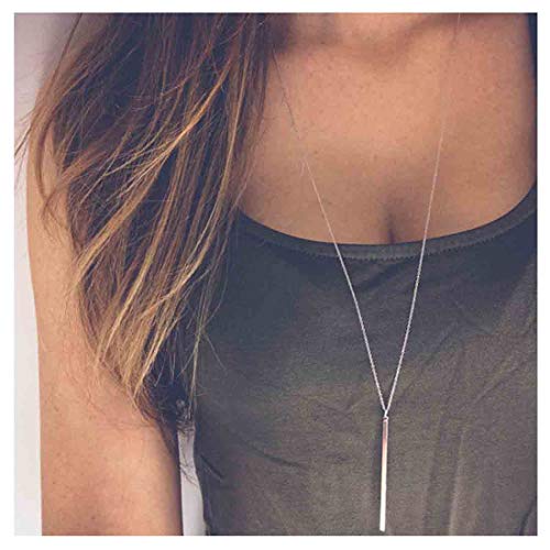 Product Cover Olbye Bar Pendent Necklace Long Vertical Necklaces Jewelry for Women and Girls Minimal Necklace (Silver)