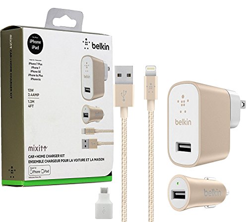 Product Cover Belkin Metallic Mixit -12W 2.4Amp Fast - Home & Car Lightning Charger Gold White Kit -(Retail Packing) for iOS iPhone 8/+/X iPad Pro