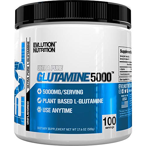 Product Cover Evlution Nutrition L-Glutamine 5000, 5g Pure L Glutamine in Each Serving, Plant Based, Vegan, Gluten-Free, Unflavored Powder (100 Servings)