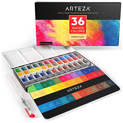 Product Cover ARTEZA Watercolor Paint, Set of 36 Assorted Vibrant Colors in Half Pans (in Tin Box) with Water Brush Pen for Artists, Art Painting, Ideal for Watercolor Techniques