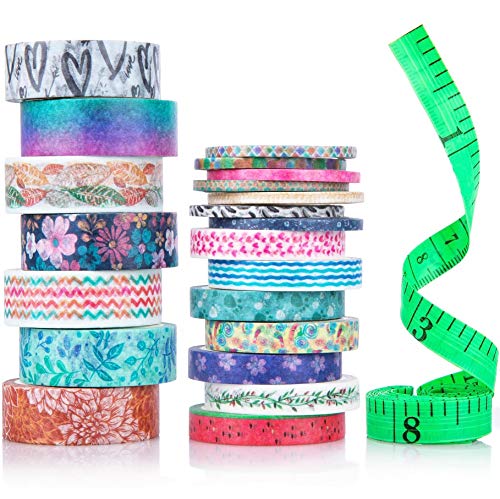 Product Cover Cute Washi Tape Set with 3 sizes | 15mm 8mm and 3mm Wide Skinny and Thin | Decorative Holiday Craft Tape | Colorful Tape | Floral Japanese Pastel Seasonal Art | Bujo Supplies | Scrapbook Tape 21 Rolls