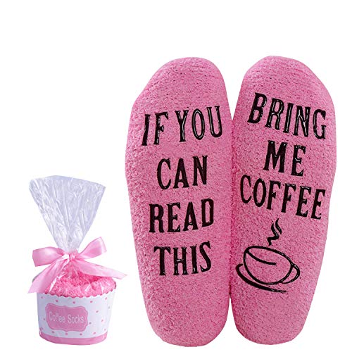 Product Cover Wine Coffee Fuzzy Socks For Women Wine Gift Funny Novelty IF YOU CAN READ THIS Socks (Coffee-pink)