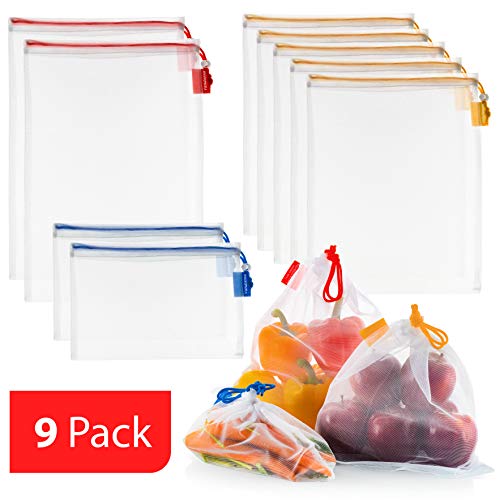 Product Cover VANDOONA Reusable Mesh Produce Bags 9 Pack | Eco friendly Extra Strong See Through Washable Premium Mesh for Fruits Veggies Grocery Shopping & Toys, Color Coded Drawstrings by Size & Tare Weight Tags.