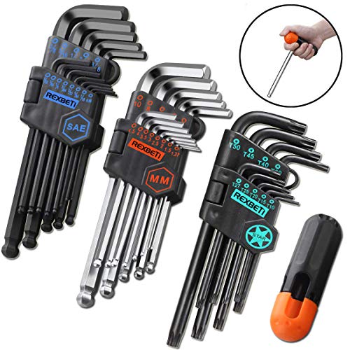 Product Cover REXBETI Hex Key Allen Wrench Set, SAE Metric Star Long Arm Ball End Hex Key Set Tools, Industrial Grade Allen Wrench Set, Bonus Free Strength Helping T-Handle, S2 Steel