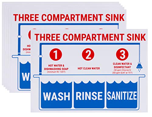 Product Cover Sink Signs - 6-Pack Sink Sticker Labels, Wash Rinse Sanitize Labels for 3 Compartment Sink, Food Prep Sign in English, for Restaurant, Kitchen, Food Truck, Bussing Station, Dishwashing, 10 x 7 Inches