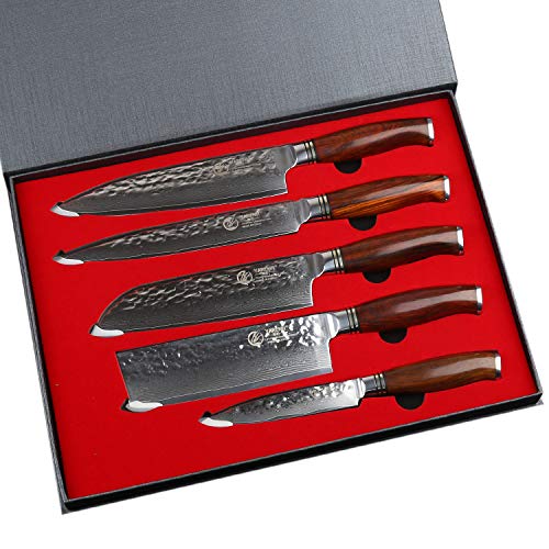 Product Cover YARENH Kitchen Knife Set Professional 5 Piece Chef Knife Set - Damascus Stainless Steel - Galbergia Wood Handle,Gift Box Packaging,Sharp Vegetable Knives Sets HTT-Series