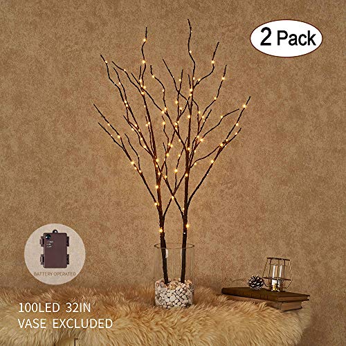 Product Cover Hairui Lighted Artificial Brown Twig Tree Branch with Fairy Lights 32IN 100 LED Battery Operated Lighted Willow Branch for Christmas Home Decoration Indoor Outdoor Use 2 Pack (Vase Excluded)