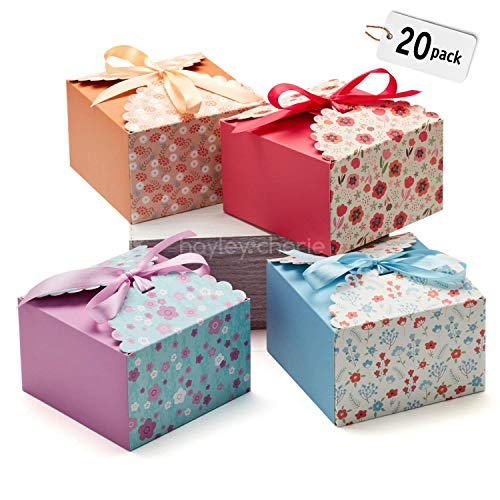 Product Cover Hayley Cherie Gift Treat Boxes with Ribbons (20 Pack) - Thick 400gsm Card - 6 x 6 x 3.7 Inches - Use for Cakes, Cookies, Goodies, Candy, Party Christmas, Birthdays, Bridesmaids, Weddings (Standard)