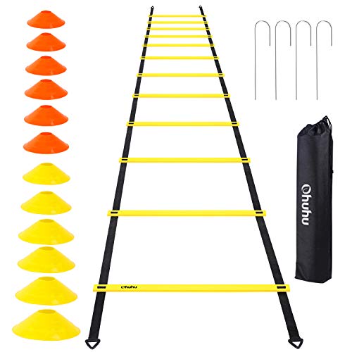 Product Cover Ohuhu Speed Training Ladder Agility Training Set - 12 Rung 20Ft Agility Ladder and 12 Field Cones,4 Steel Stakes & Carrying Bag,Footwork Equipment for Soccer Football Boxing Drills