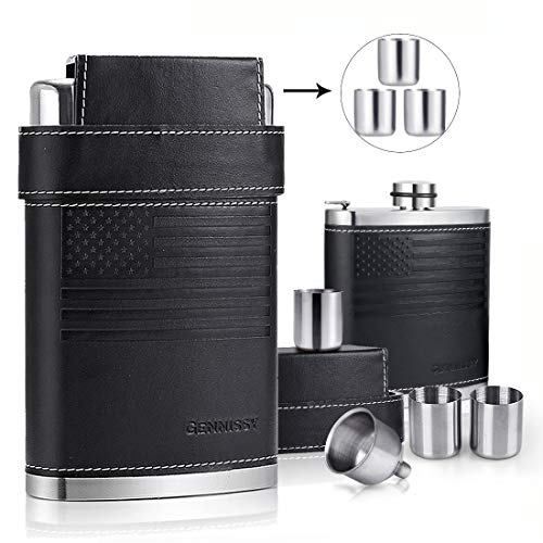 Product Cover GENNISSY 18/8 Stainless Steel 8oz Flask - Americal Flag Black Leather with 3 Cups and Funnel 100% Leak Proof