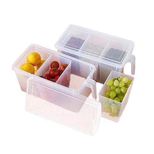 Product Cover Samplus Mall Pack of 1 Refrigerator Organizer Container Square Handle Food Storage Organizer Boxes - Clear with Lid, Handle and 3 Smaller Bins