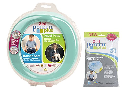 Product Cover Kalencom 2 in 1 Potette Plus Portable Potty Training + Travel Toilet Seat with 30 Potty Liners Bundle, Teal