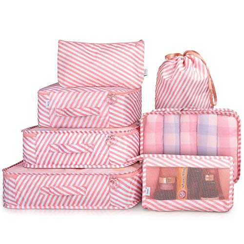 Product Cover House of Quirk 7 Set of 3 Packing Cubes, 3 Pouches, 1 Toiletry Organizer Bag (Pink Stripes)