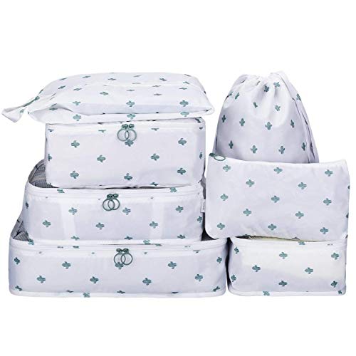 Product Cover House of Quirk Travel Organizer Bag-Set of 3 Packing Cubes 3 Pouches 1Toiletry Organizer-Bag (White Cactus) - Set of 7