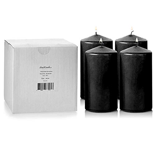 Product Cover Light In The Dark Black Pillar Candles - Set of 4 Unscented Candles - 6 inch Tall, 3 inch Thick - 36 Hour Clean Burn Time Best Halloween/Fall Candles